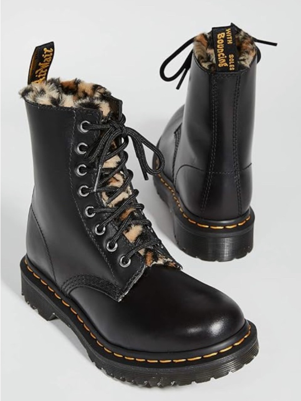 NEW DR. MARTENS 1460 SERENA LEOPARD FAUX FUR LINED BOOTS Black sz 6